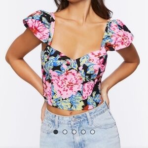 Forever 21 Floral Ruffle Sleeve Crop Top Corset Back With Tie Size XS